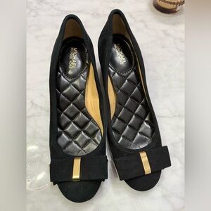 Michael Kors Black Suede Ballet Flats with Gold Bow Trim